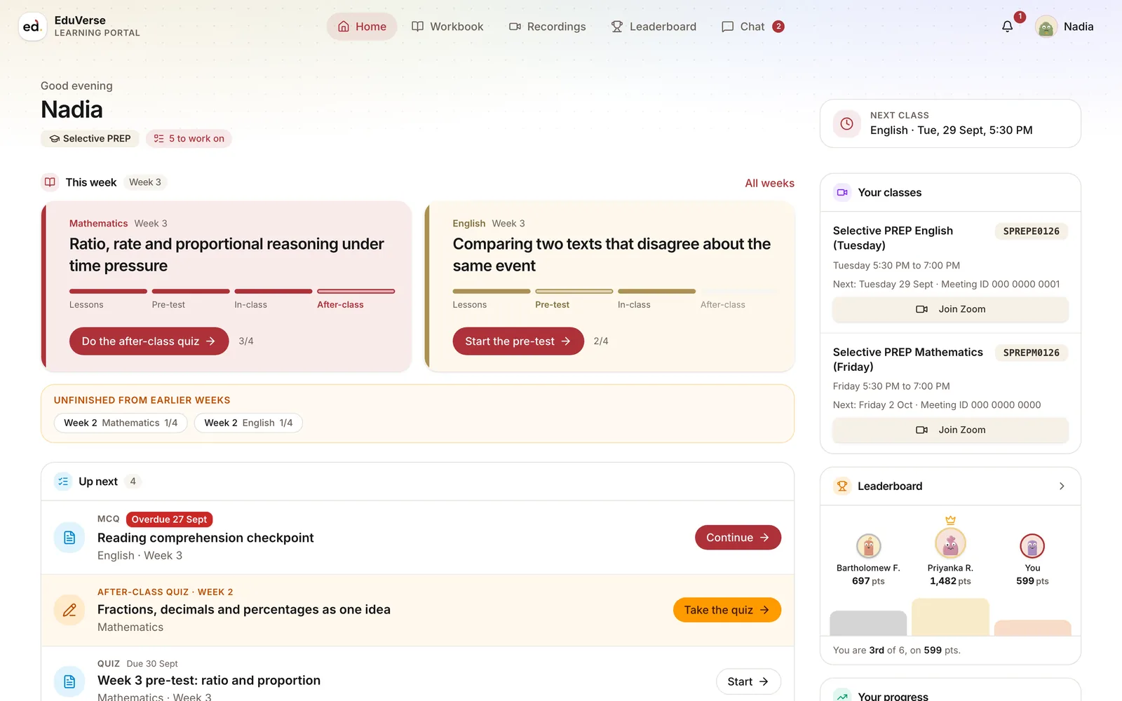 The EduVerse portal's home page: this week's Maths and English work, the next class and what is up next