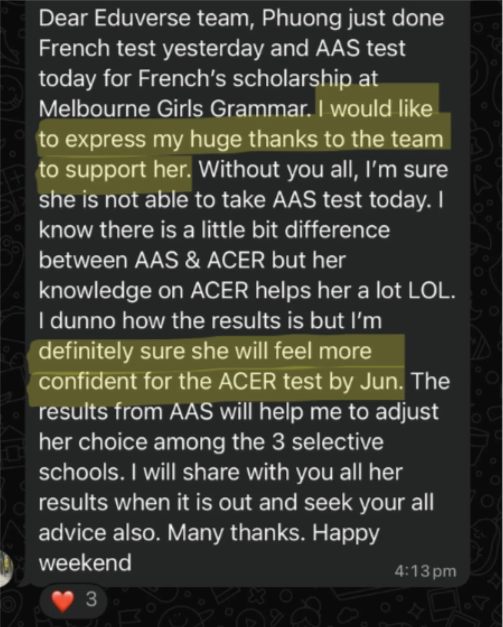Parent testimonial from Phuong's family about exam preparation